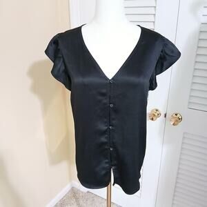 NWT Nine West Women's XL Black button-up Satin tank ruffled sleeves easy care